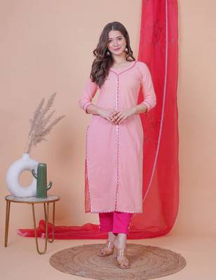Peach solid aline kurta with pant and dupatta set 4
