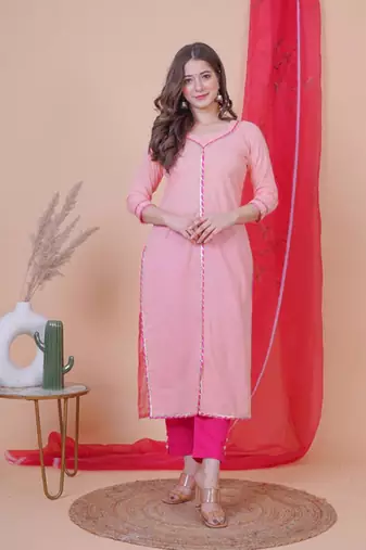 Peach solid aline kurta with pant and dupatta set