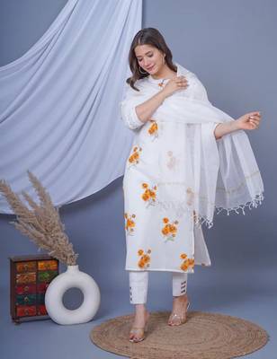White floral printed aline kurta with pant and dupatta sets 1