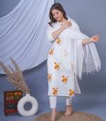 White floral printed aline kurta with pant and dupatta sets