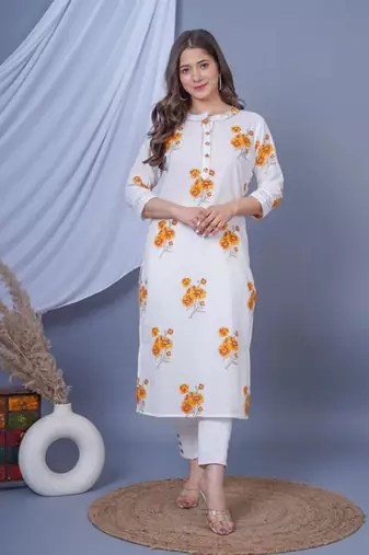 White floral printed aline kurta with pant and dupatta sets