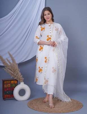 White floral printed aline kurta with pant and dupatta sets 3