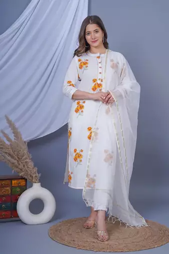 White floral printed aline kurta with pant and dupatta sets