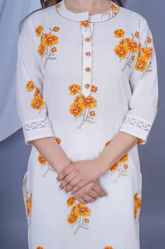 White floral printed aline kurta with pant and dupatta sets