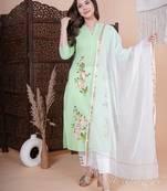 Green floral printed aline kurta with pant and dupatta sets