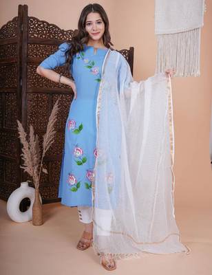 Blue floral printed aline kurta with pant and dupatta sets 1