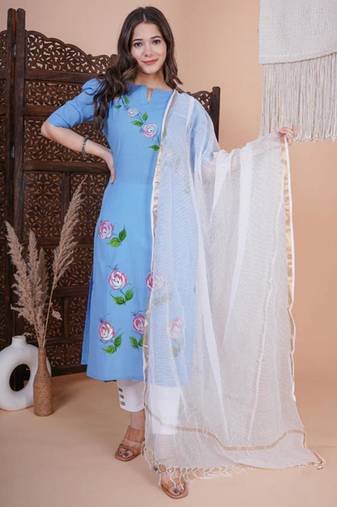 Blue floral printed aline kurta with pant and dupatta sets