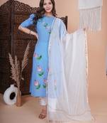 Blue floral printed aline kurta with pant and dupatta sets