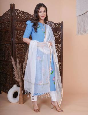 Blue floral printed aline kurta with pant and dupatta sets 3