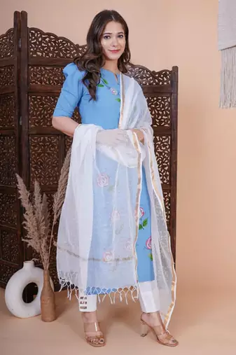 Blue floral printed aline kurta with pant and dupatta sets