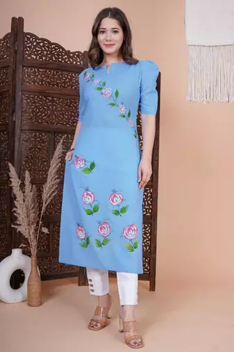 Blue floral printed aline kurta with pant and dupatta sets