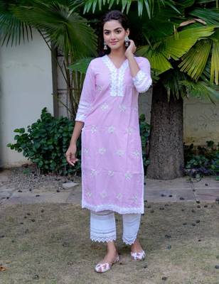 Light pink cotton embroidery kurta with pant set 1