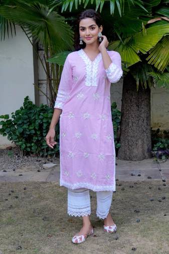 Light pink cotton embroidery kurta with pant set
