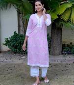Light pink cotton embroidery kurta with pant set