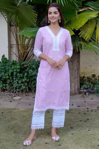 Light pink cotton embroidery kurta with pant set