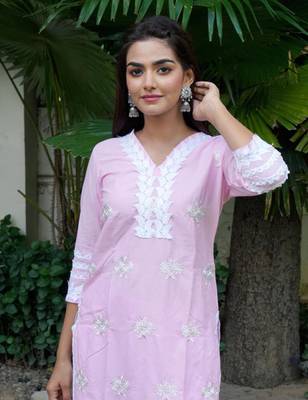 Light pink cotton embroidery kurta with pant set 3
