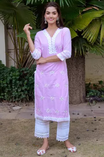 Light pink cotton embroidery kurta with pant set