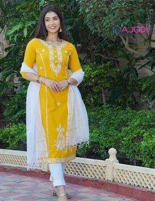 Mustard white embroidered aline kurta pant with dupatta set 1
