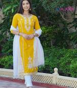 Mustard white embroidered aline kurta pant with dupatta set