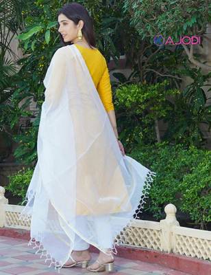 Mustard white embroidered aline kurta pant with dupatta set 2