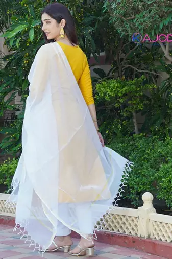 Mustard white embroidered aline kurta pant with dupatta set