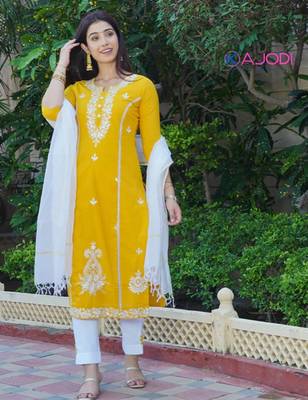Mustard white embroidered aline kurta pant with dupatta set 3