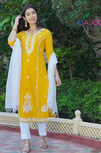 Mustard white embroidered aline kurta pant with dupatta set