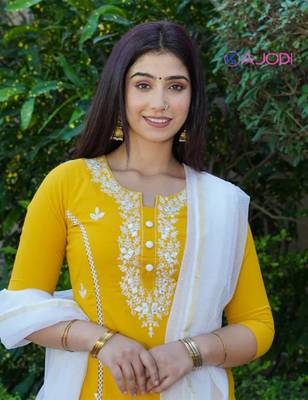 Mustard white embroidered aline kurta pant with dupatta set 4
