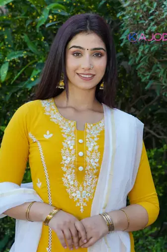 Mustard white embroidered aline kurta pant with dupatta set