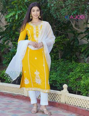 Mustard white embroidered aline kurta pant with dupatta set 5