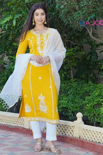 Mustard white embroidered aline kurta pant with dupatta set