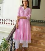 Light pink cotton embroidery anarkali kurta with pant set