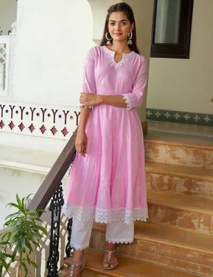 Light pink cotton embroidery anarkali kurta with pant set 2