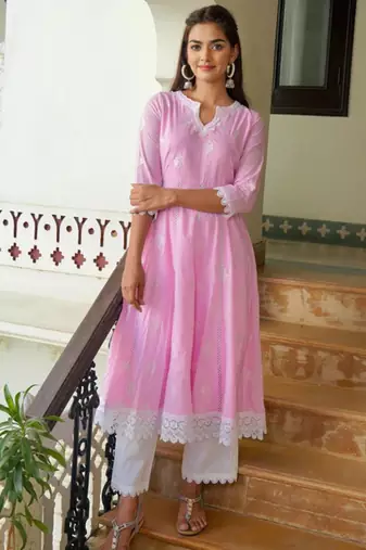 Light pink cotton embroidery anarkali kurta with pant set