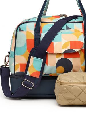 peppy navy & multi polycotton canvas & pu abstract printed duffel travel bag 10