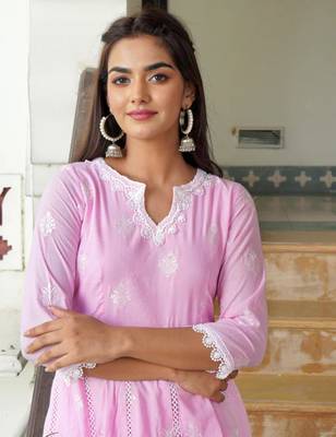 Light pink cotton embroidery anarkali kurta with pant set 3