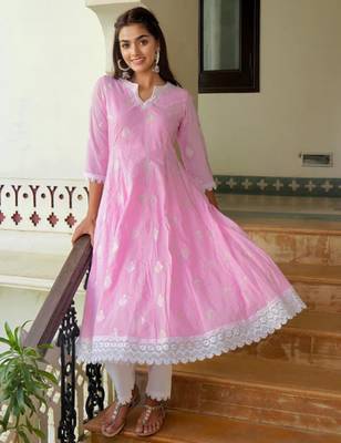Light pink cotton embroidery anarkali kurta with pant set 4