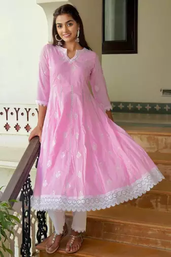 Light pink cotton embroidery anarkali kurta with pant set