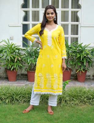 Yellow cotton embroidery aline kurta with pant set 1