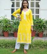 Yellow cotton embroidery aline kurta with pant set