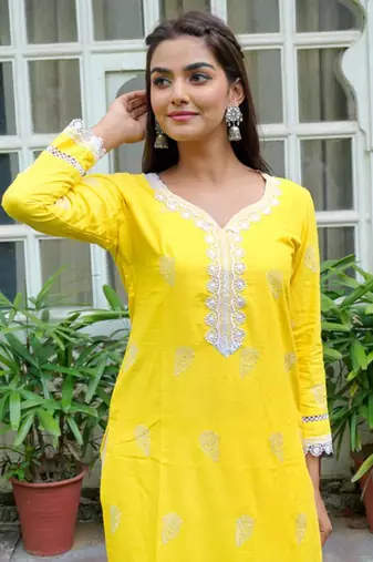 Yellow cotton embroidery aline kurta with pant set