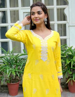 Yellow cotton embroidery aline kurta with pant set 3
