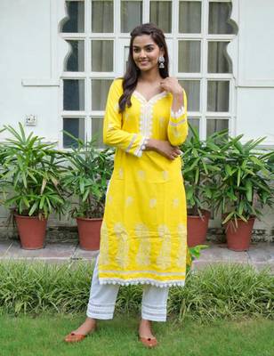 Yellow cotton embroidery aline kurta with pant set 4
