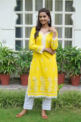 Yellow cotton embroidery aline kurta with pant set
