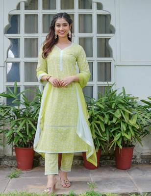 Lime green cotton printed aline kurta pant with dupatta set 1