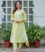 Lime green cotton printed aline kurta pant with dupatta set