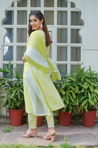 Lime green cotton printed aline kurta pant with dupatta set
