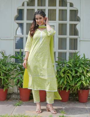 Lime green cotton printed aline kurta pant with dupatta set 3