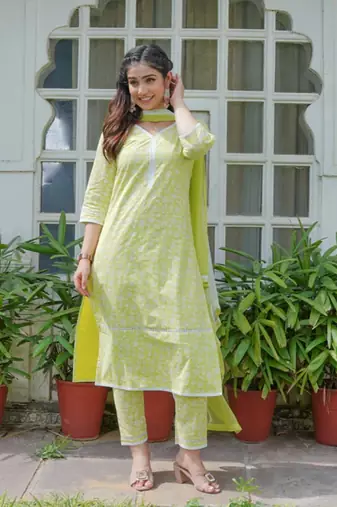 Lime green cotton printed aline kurta pant with dupatta set