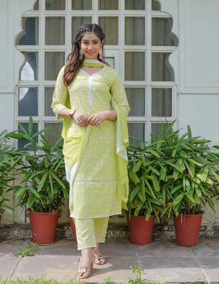 Lime green cotton printed aline kurta pant with dupatta set 4